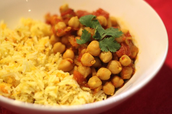 Basmati coconut pilaf with ginger tomato chickpeas